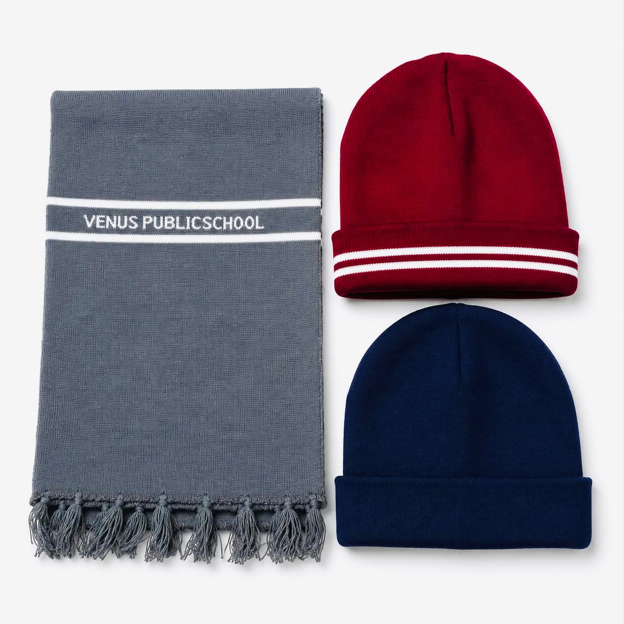 Grey Venus Public School scarf with red and navy knitted beanies