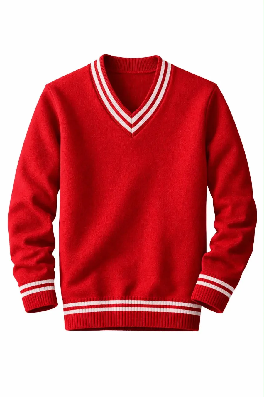 Red V-neck school sweater with white striped collar, cuffs and hem